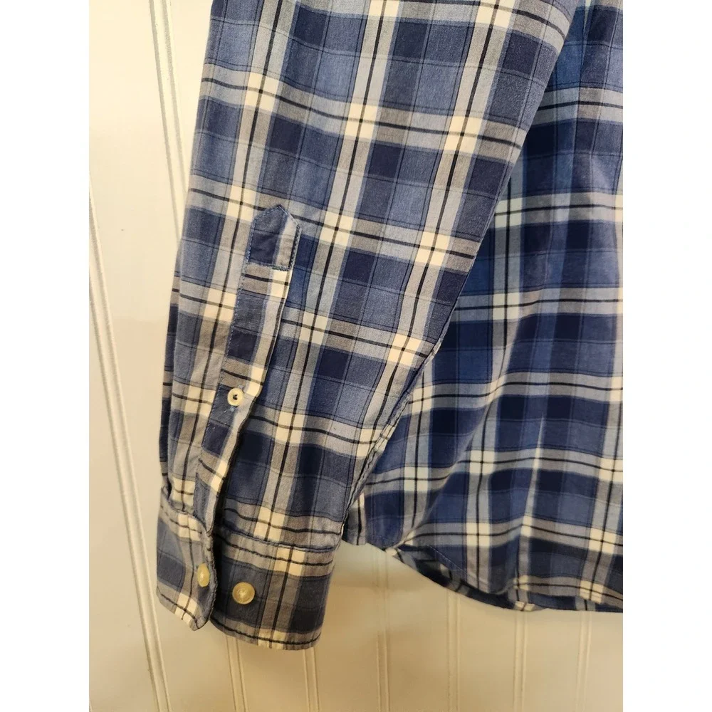 Banana Republic Mens XL Grant Fit Custom Wash Blue Plaid Cotton Button‎ Shirt